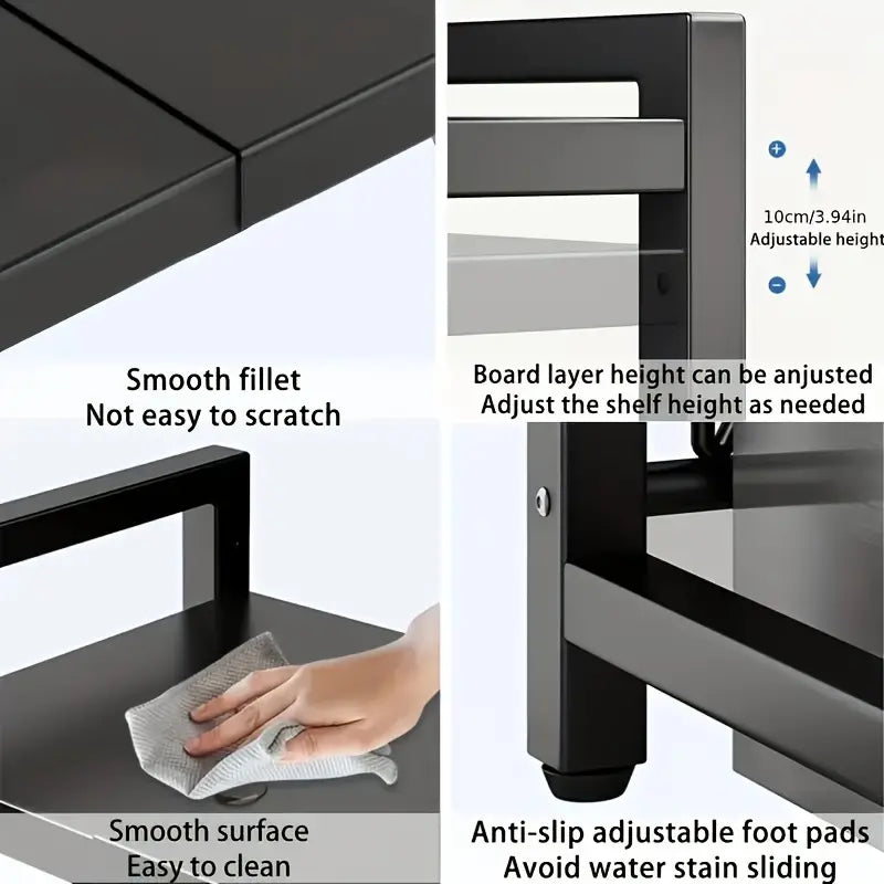 Retractable Microwave Oven Storage Rack - Single Layer, Countertop Bracket Shelf (Black)-4